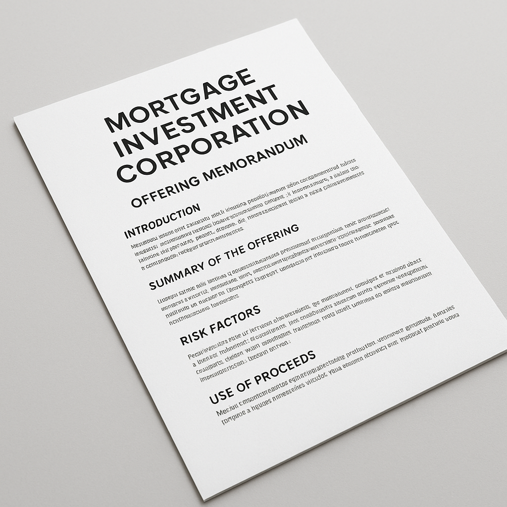 Mortgage Investment Corporation Offering Memorandum